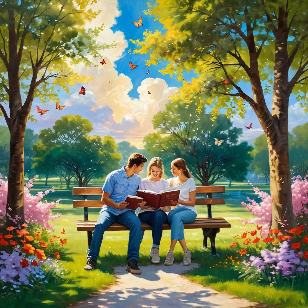 A serene park scene with a couple sitting on a bench, sharing a book and laughing together. Soft sunlight filters through the trees, creating a warm and inviting atmosphere. Surround them with blooming flowers and butterflies to symbolize love in growth. Add subtle heart shapes in the clouds above to enhance the theme of devotion. painting. vibrant colors. dreamy background.