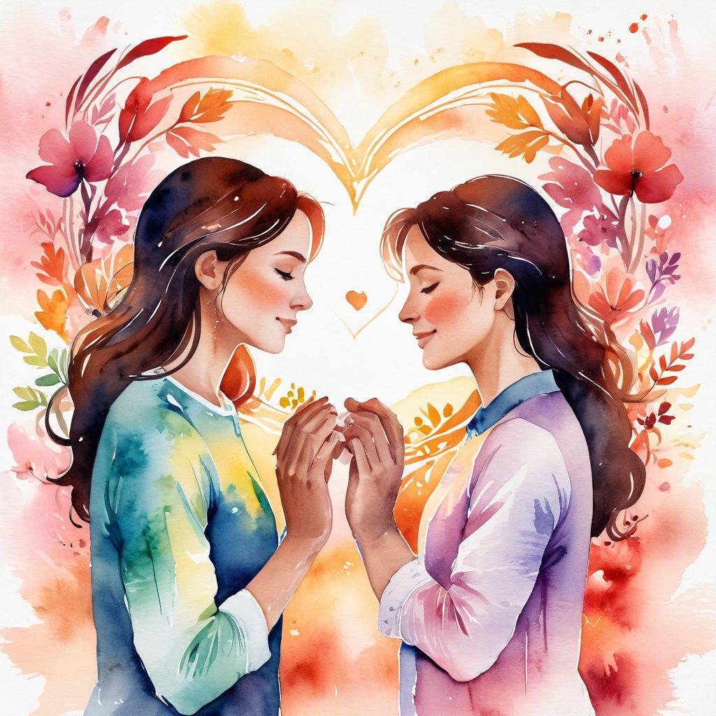 A warm and inviting scene featuring two people sharing a heartfelt moment, surrounded by symbols of intimacy such as intertwined hands and glowing heart shapes. Soft light filters through a cozy ambiance, highlighting their expressions of joy and connection. Ethereal elements like swirling colors and delicate petals float in the background to emphasize passion and emotion. watercolor style. warm tones. gentle brushstrokes.