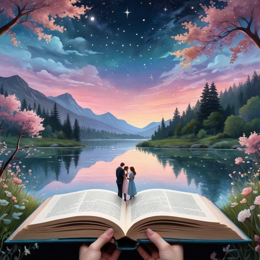 A beautifully illustrated open book with glowing pages depicting various romantic scenes: a couple sharing a tender moment under a starlit sky, another embracing by a serene lake, and hands intertwined in a close-up. Surround the book with soft, whimsical hearts and flowers to convey warmth and connection, adding a soft pastel color palette to enhance the emotional vibe. whimsical illustration. soft pastel colors. dreamy background.